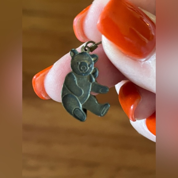 Vintage Christmas Teddy Bear Dangle Earrings. Hook Closure. Hand painted Brass. - Picture 5 of 5